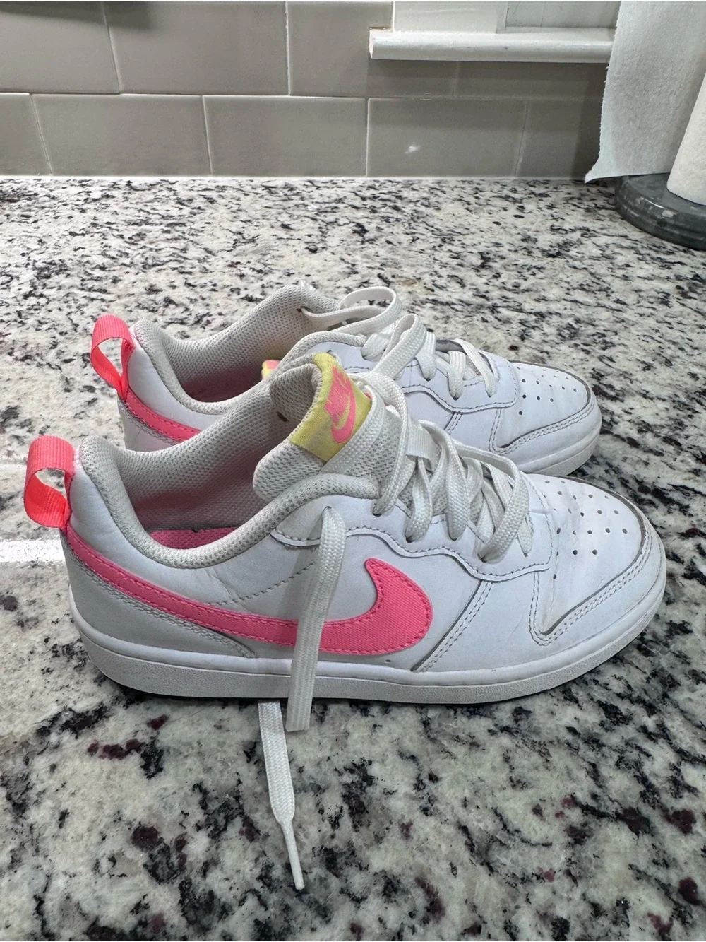 Nike Kids White Sneakers with Pink Swoosh and Coral Heel Tab
